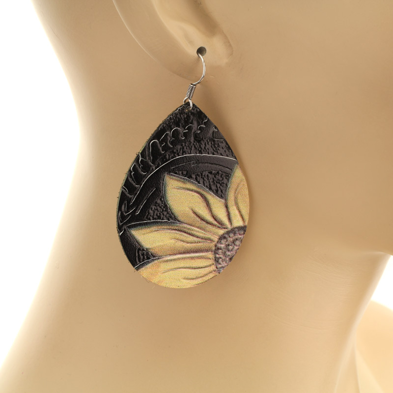 Leather Sunflower Teardrop Fish Hook Earrings - Image 2