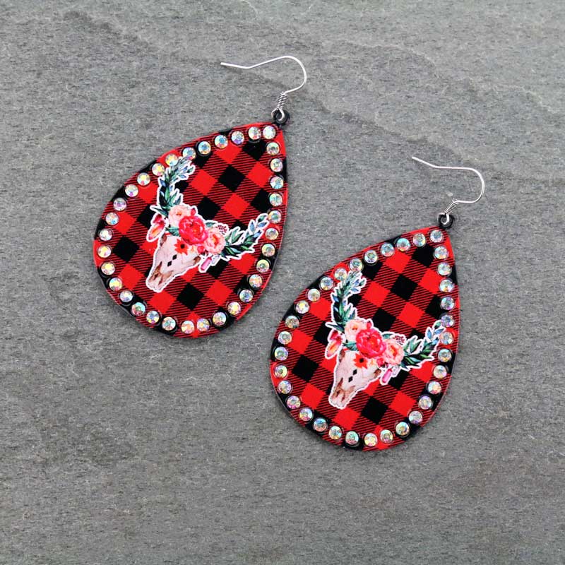 Plaid Teardrop Steer Printed Fish Hook Earrings