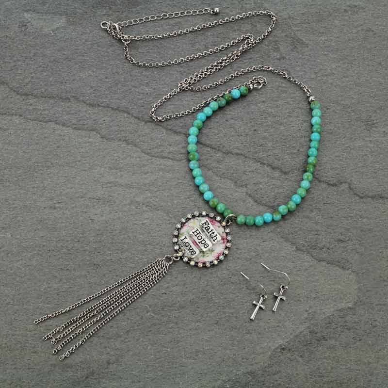 "Faith,Hope,Love" Floral Metal Tassel Necklace Set