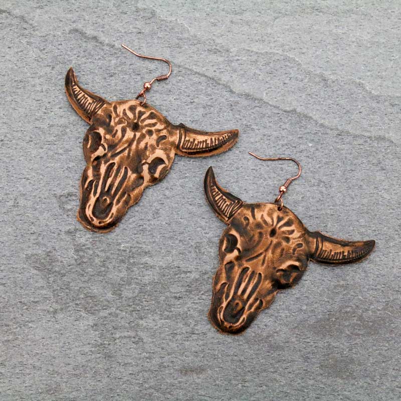 Western Steer Head Leather Fish Hook Earrings