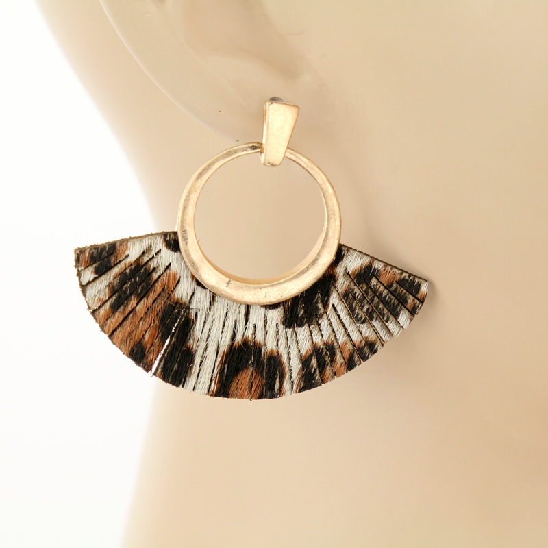 2" Fan Shaped Real Calf Hair Leather with Metal Post Earrings - Image 2