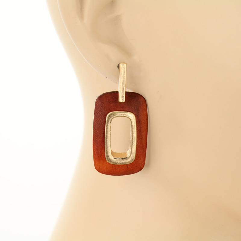 2" Rectangular Shape Wood with Metal Post Earrings - Image 2