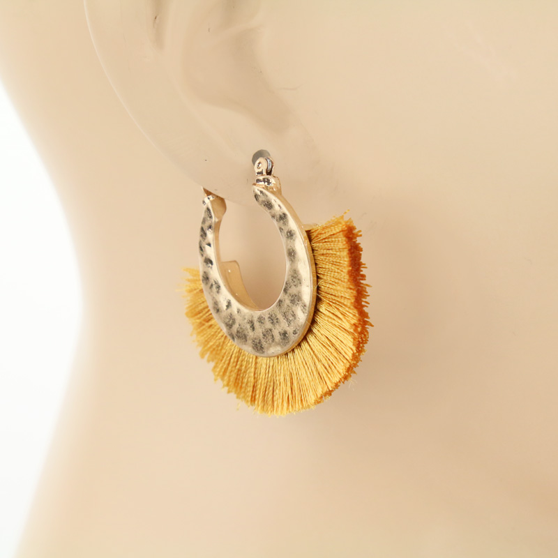 1.75" Thread Tassel with Hammered Metal Hoop Earrings - Image 2