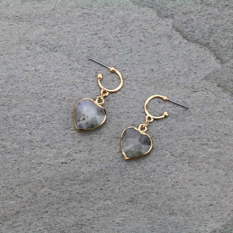 1.4" Heart Shape Stone Hoop Post Earrings