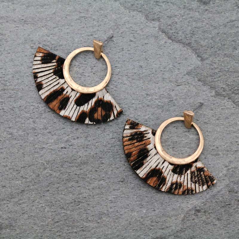2" Fan Shaped Real Calf Hair Leather with Metal Post Earrings