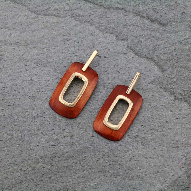 2" Rectangular Shape Wood with Metal Post Earrings
