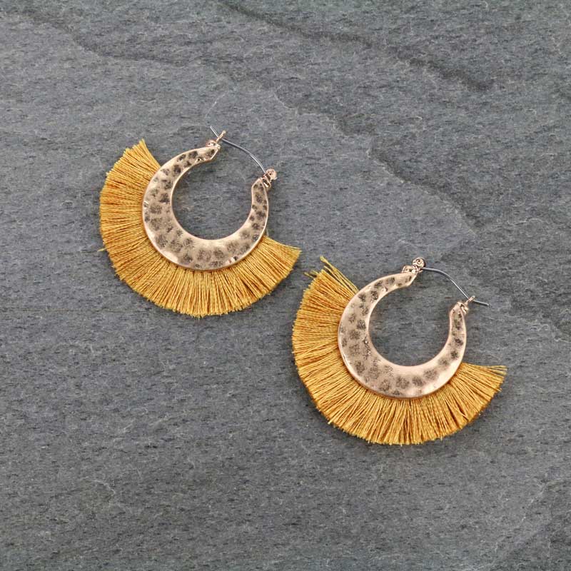 1.75" Thread Tassel with Hammered Metal Hoop Earrings