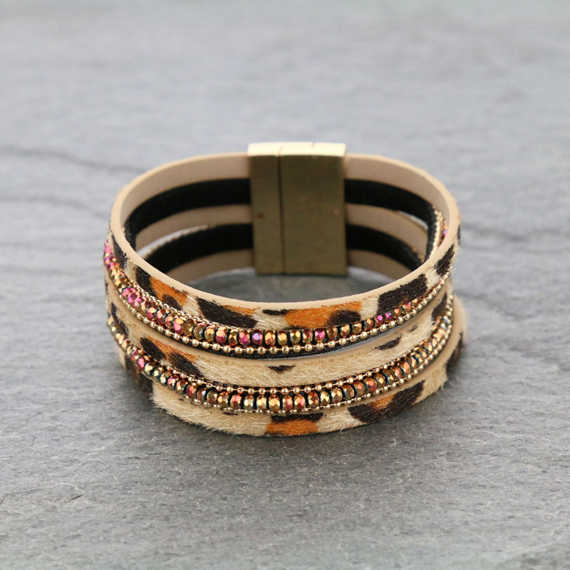 Leather with Glass Bead Magnetic Bracelet