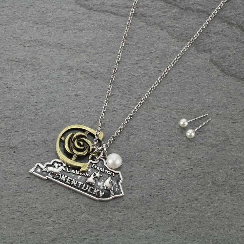 Kentucky Map Metal Freshwater Pearl Pendant Necklace Set