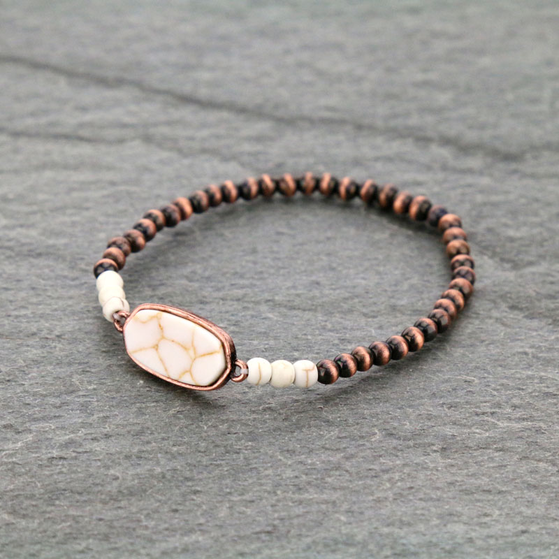 Navajo Style Pearl Bead with Stone Stretch Bracelet
