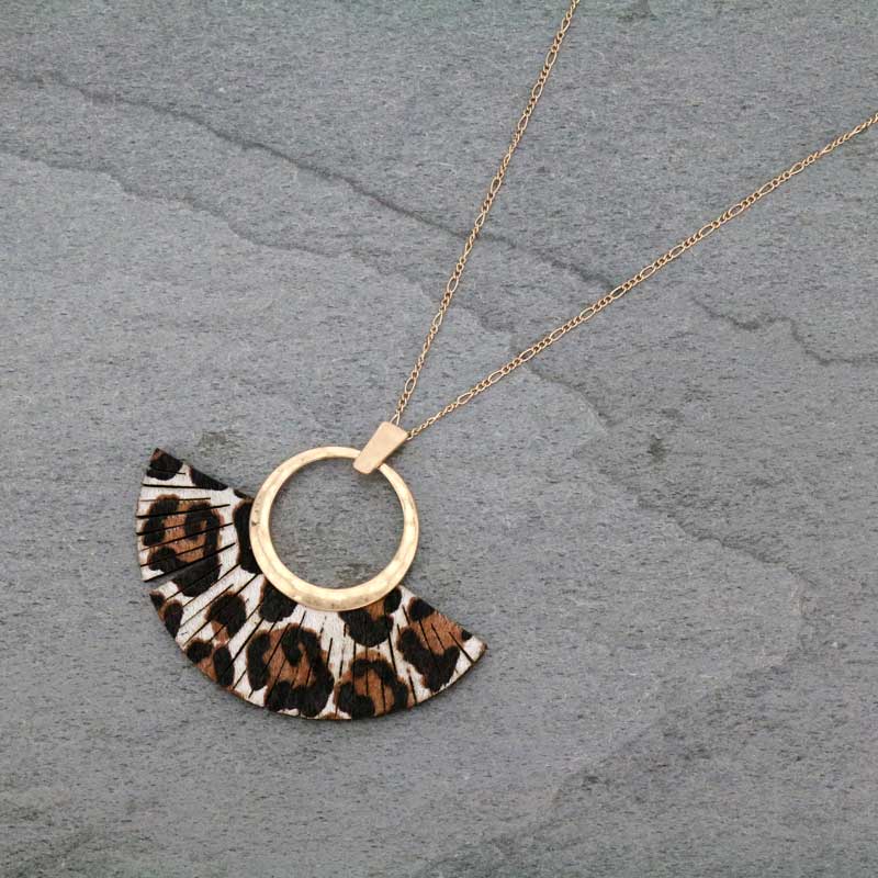 32" Fan Shaped Calf Hair Leather with Hammered Metal Necklace