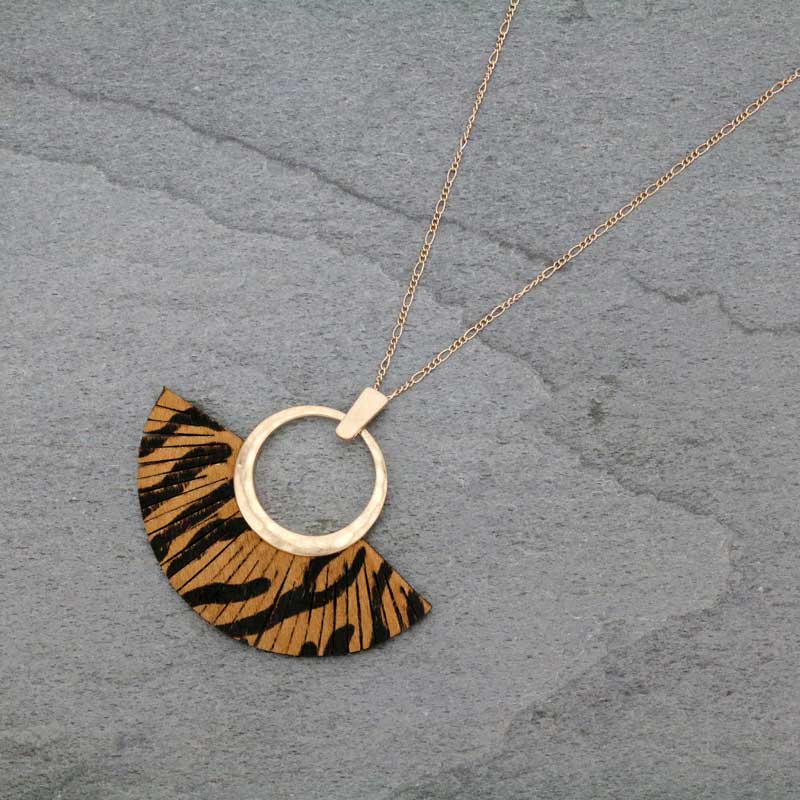 32" Fan Shaped Calf Hair Leather with Hammered Metal Necklace