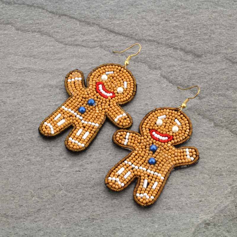 Seed Bead Gingerbread Man Fish Hook Earrings