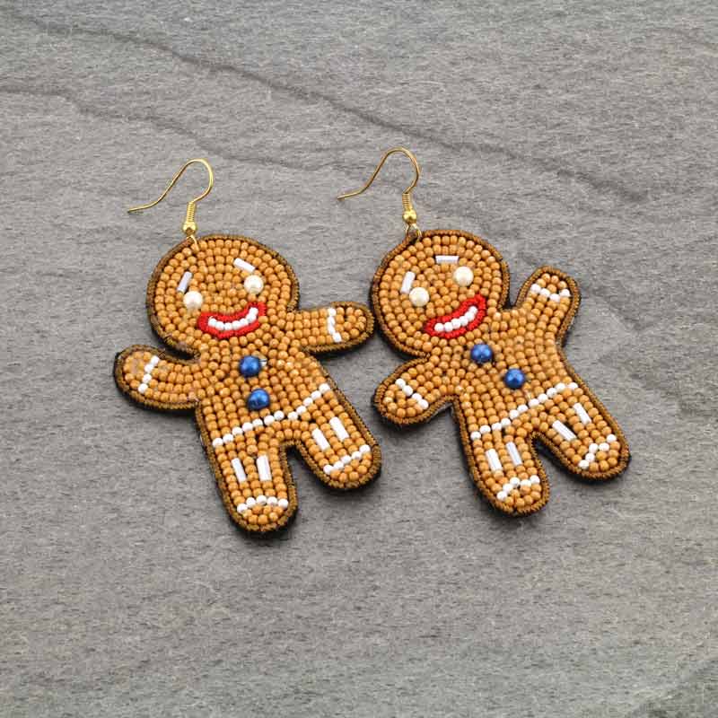 Seed Bead Gingerbread Man Fish Hook Earrings - Image 2