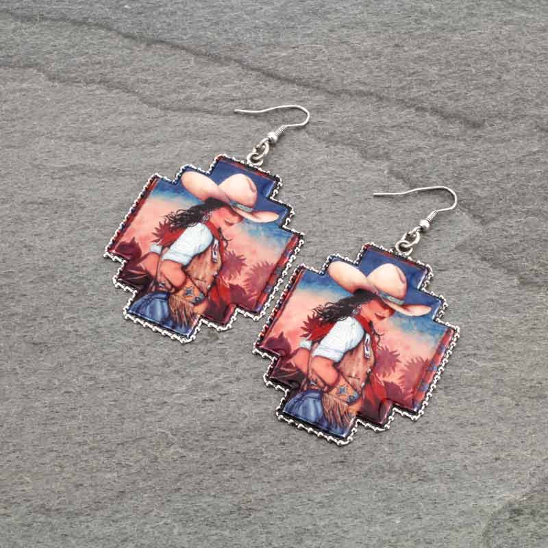 Western Portrait Print Fish Hook Earrings