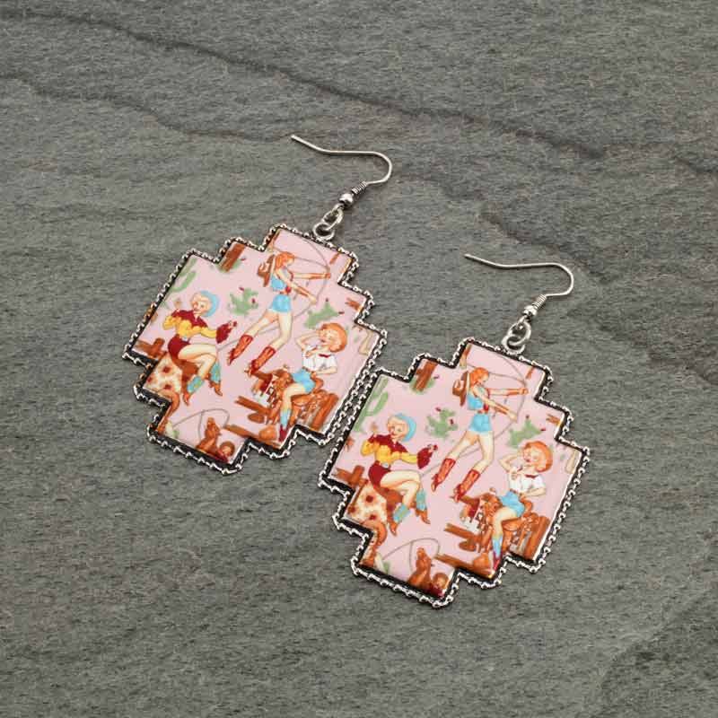 Western Portrait Print Fish Hook Earrings