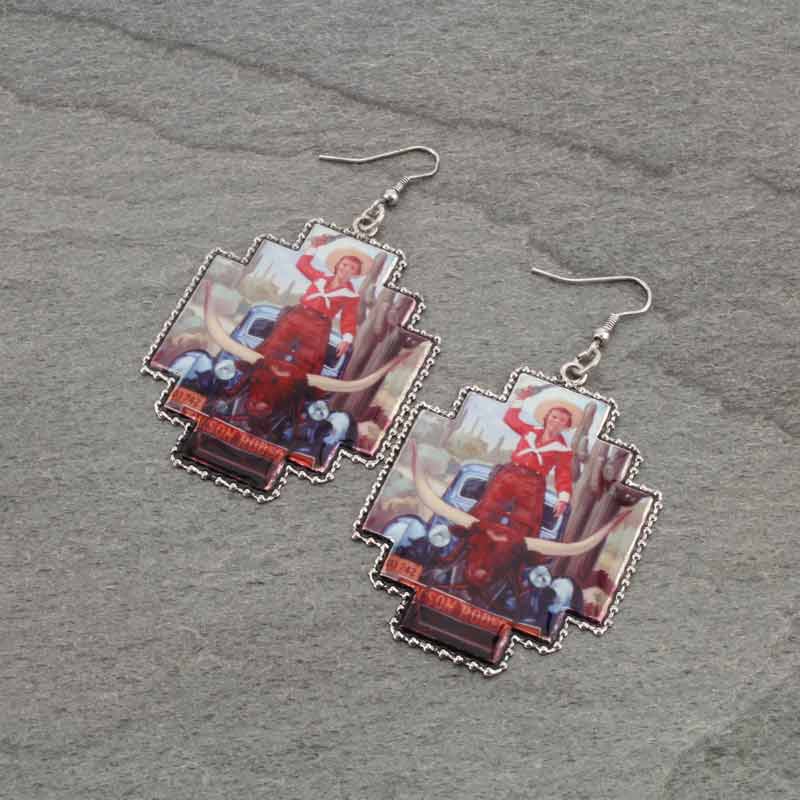 Western Portrait Print Fish Hook Earrings