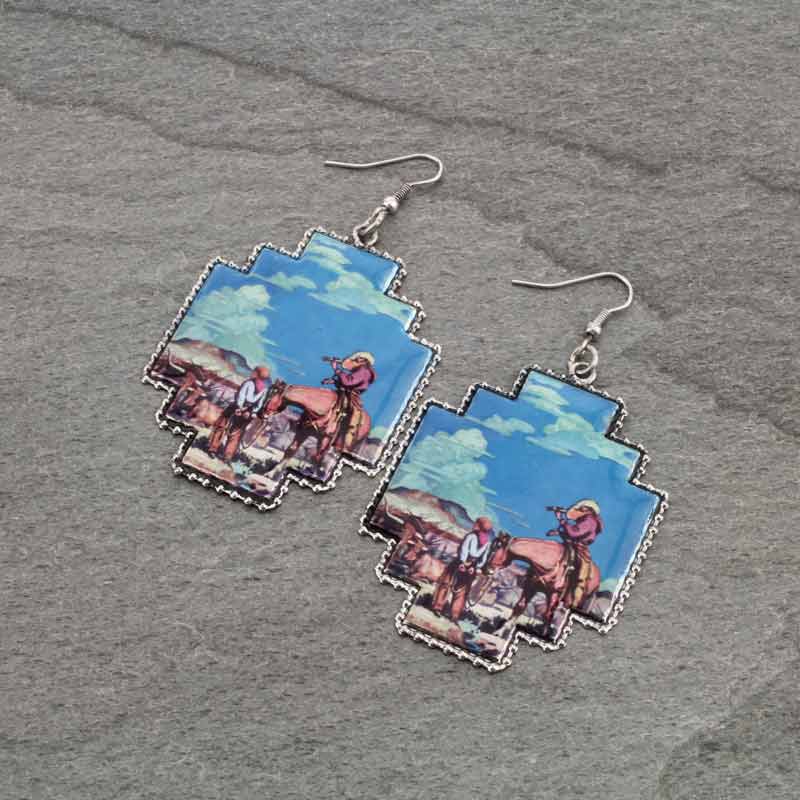 Western Portrait Print Fish Hook Earrings