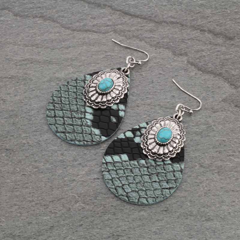 Teardrop Snake Skin Pattern Concho Fish Hook Earrings