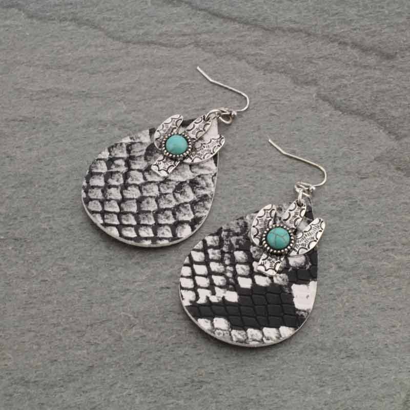 Teardrop Snake Skin Pattern Cactus Fish Hook Earrings