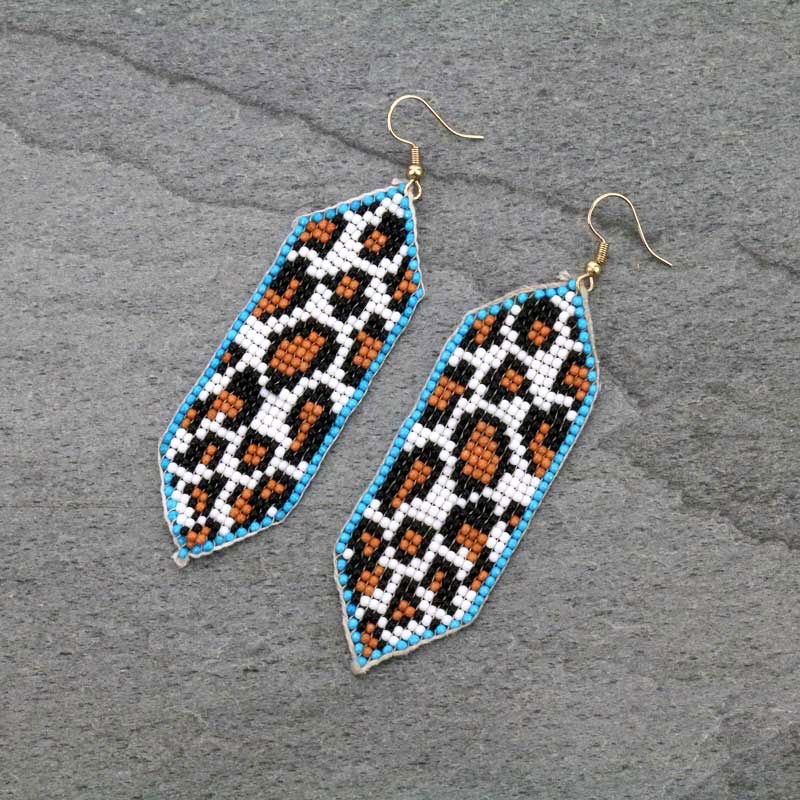 Handmade Seed Bead Leopard Fish Hook Earrings
