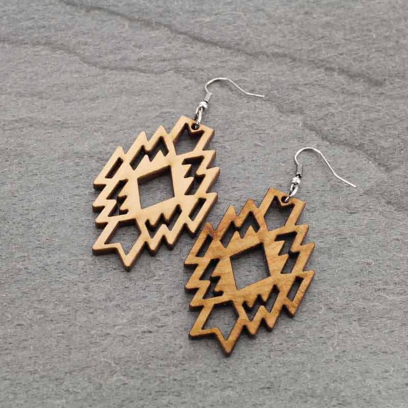 Western Navajo Style Pattern Wood Fish Hook Earrings - Image 3