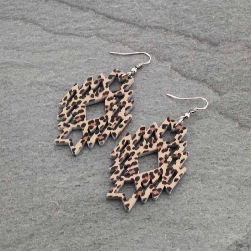 Western Leopard Pattern Wood Fish Hook Earrings