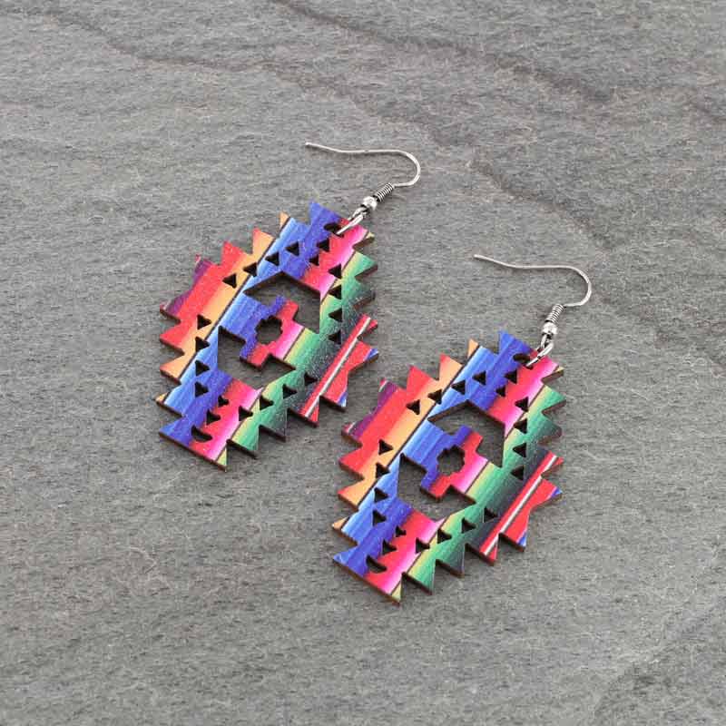 Western Navajo Style Pattern Wood Fish Hook Earrings