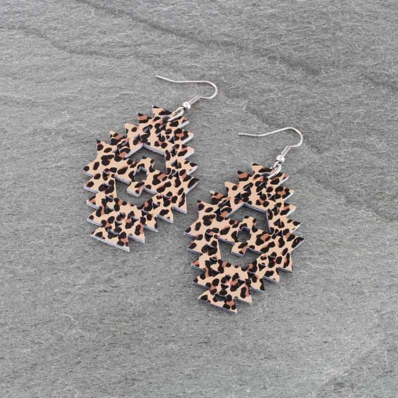 Western Navajo Style Pattern Wood Fish Hook Earrings