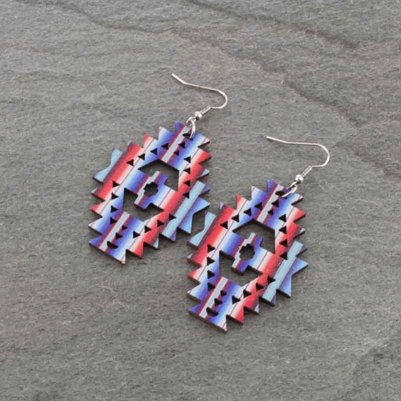Western Navajo Style Pattern Wood Fish Hook Earrings