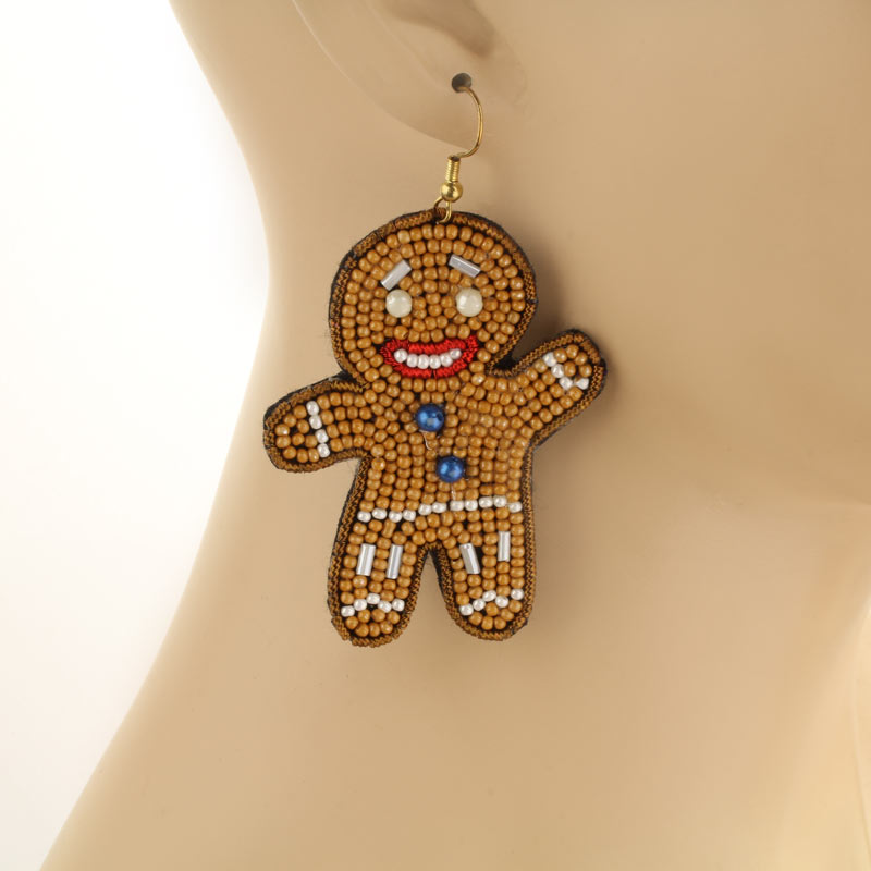 Seed Bead Gingerbread Man Fish Hook Earrings - Image 3