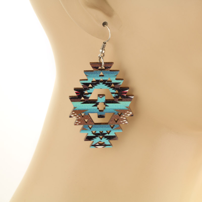 Western Navajo Style Pattern Wood Fish Hook Earrings - Image 2