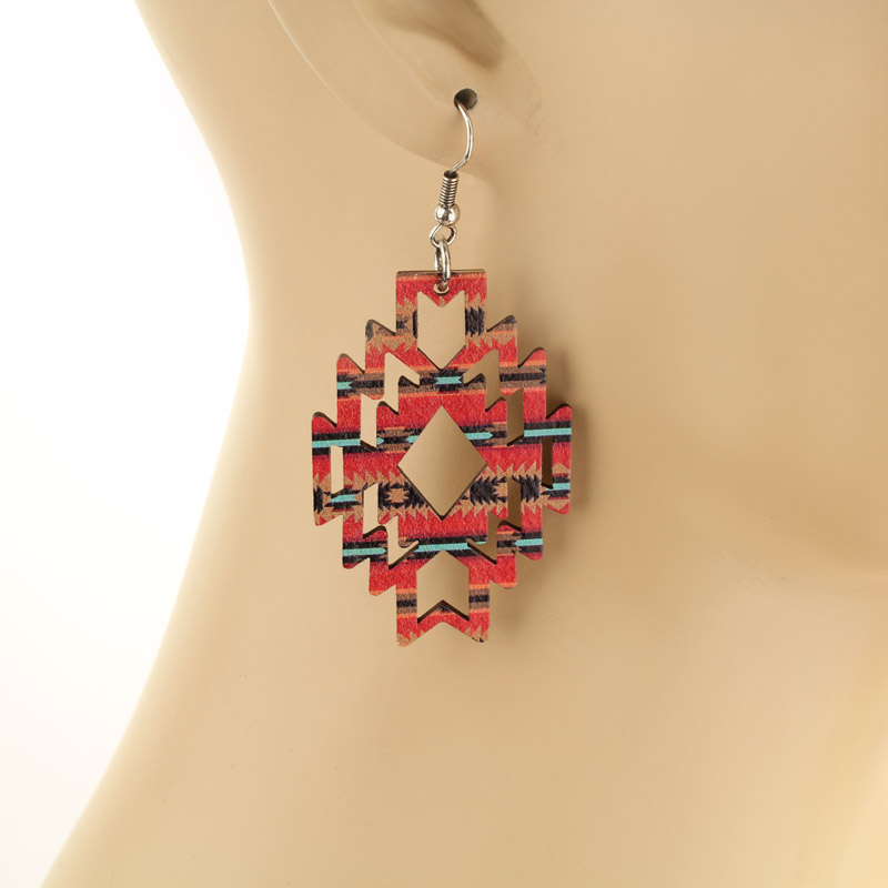 Western Navajo Style Pattern Wood Fish Hook Earrings - Image 2
