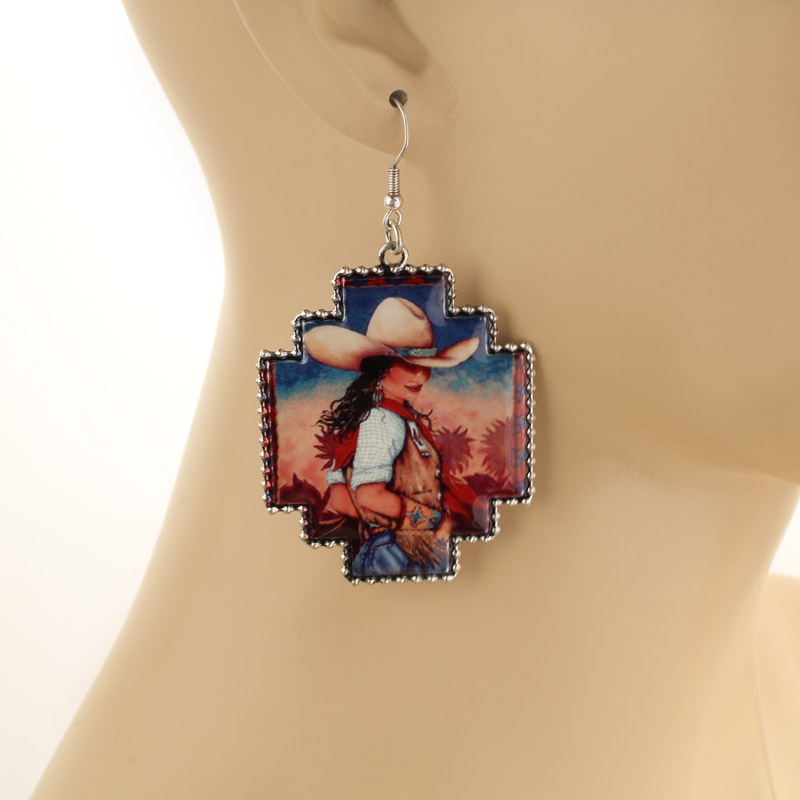 Western Portrait Print Fish Hook Earrings - Image 2