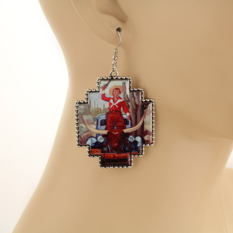 Western Portrait Print Fish Hook Earrings - Image 2