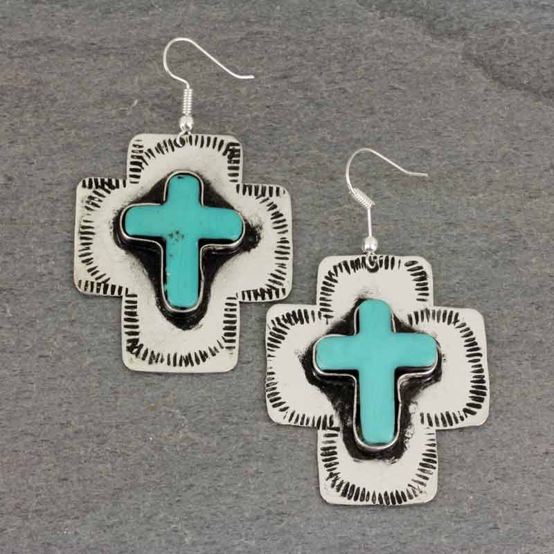 Handmade Turquoise Cross Fish Hook Earrings