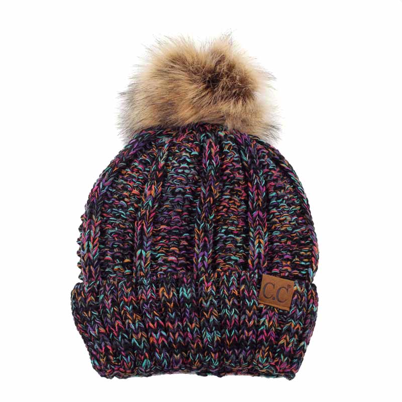 C.C Knitted Tone Hat With Fuzzy Lining and 12cm Pom