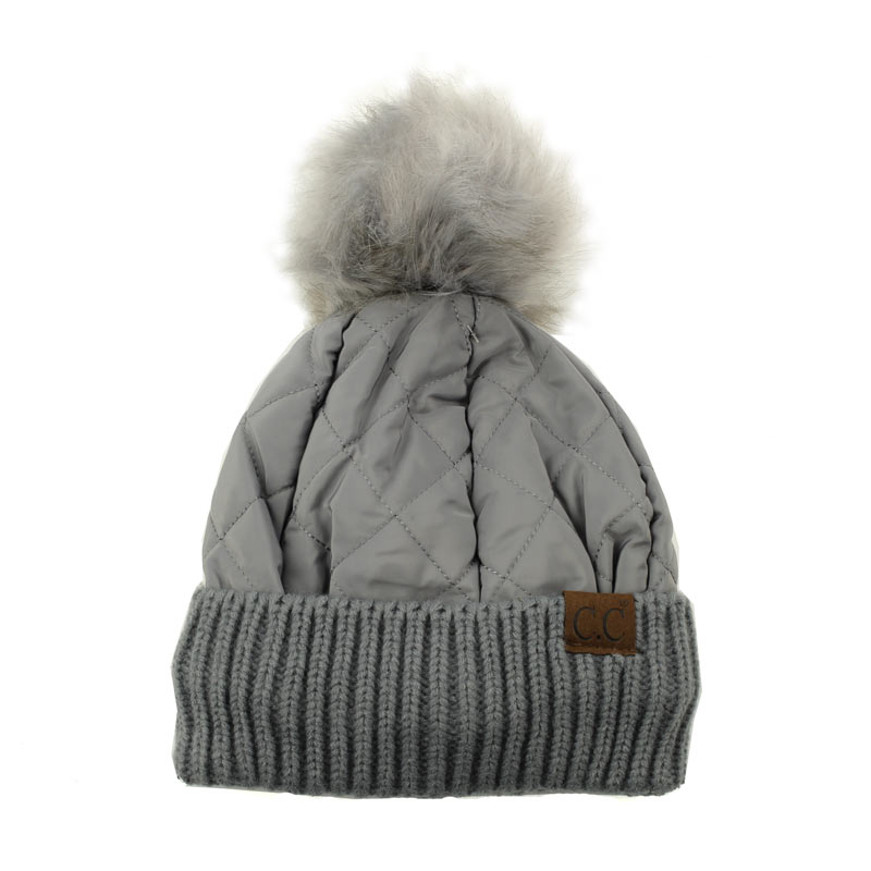C.C Women's Quilted Puffer Beanie/Detachable Pom