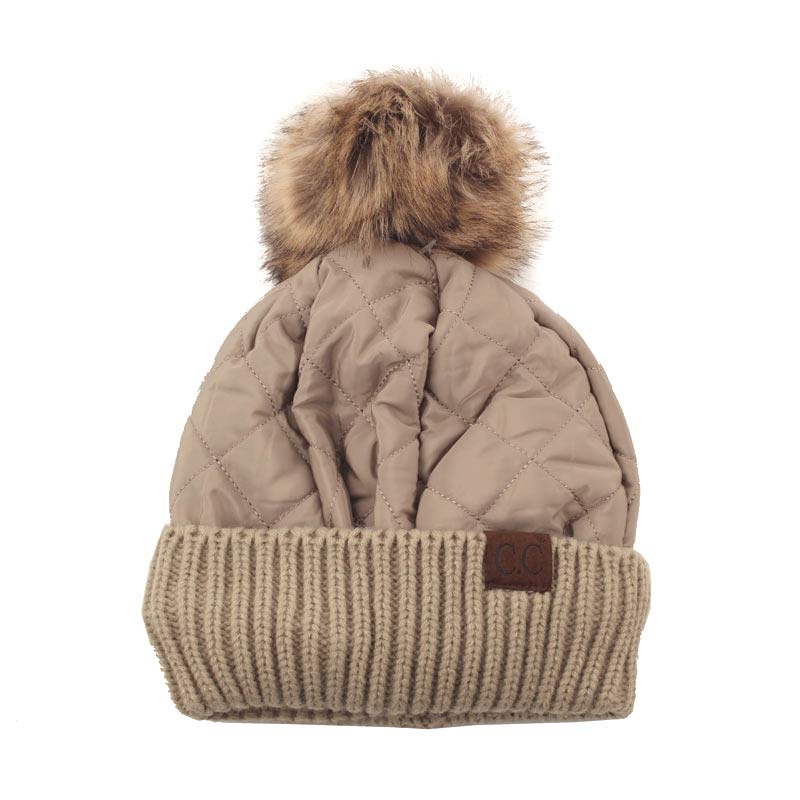 C.C Women's Quilted Puffer Beanie/Detachable Pom