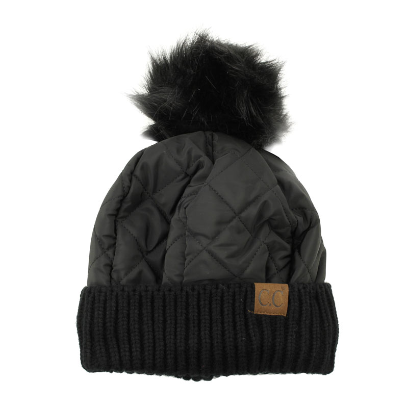 C.C Women's Quilted Puffer Beanie/Detachable Pom