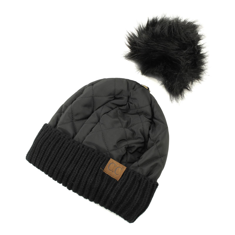 C.C Women's Quilted Puffer Beanie/Detachable Pom - Image 2