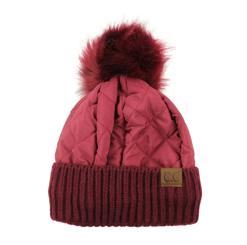 C.C Women's Quilted Puffer Beanie/Detachable Pom
