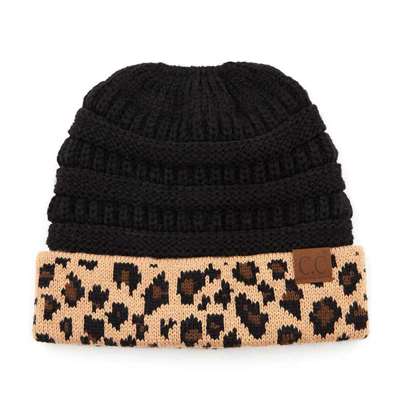 C.C Solid Color Beanie Tail Hat with Leopard Pattern Cuff