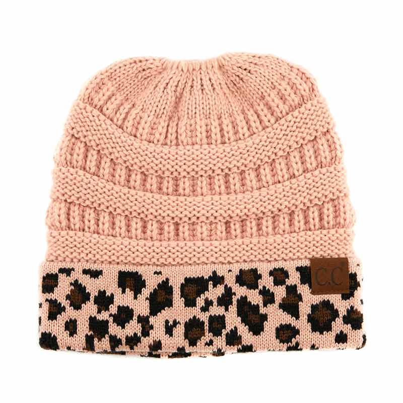 C.C Solid Color Beanie Tail Hat with Leopard Pattern Cuff