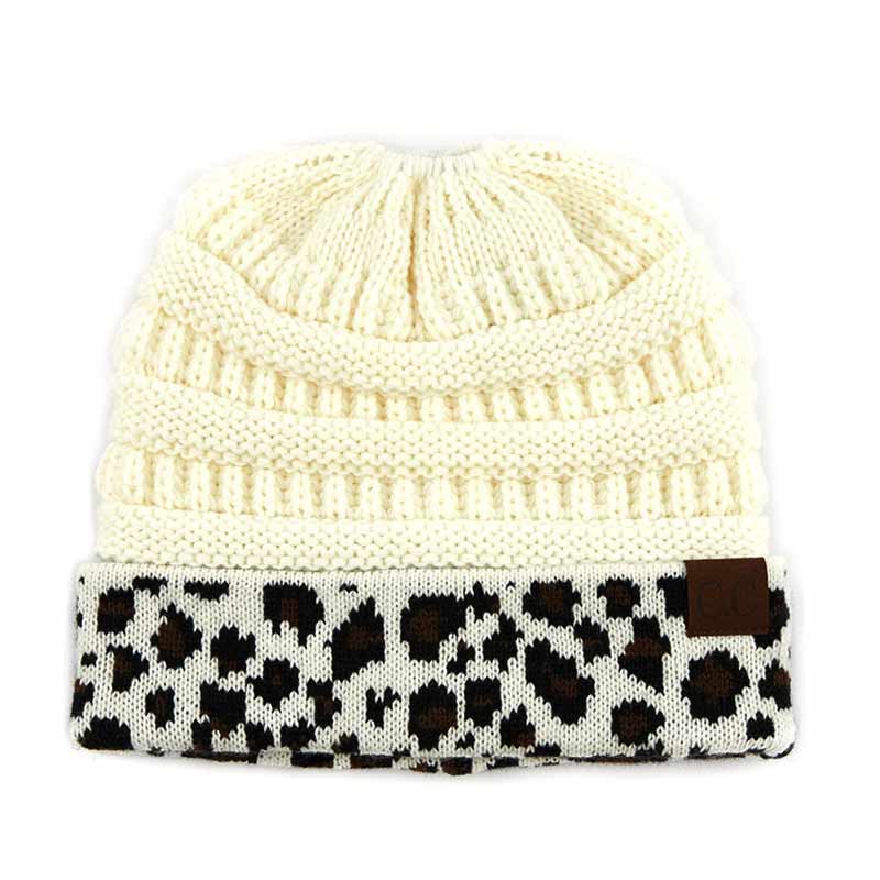 C.C Solid Color Beanie Tail Hat with Leopard Pattern Cuff