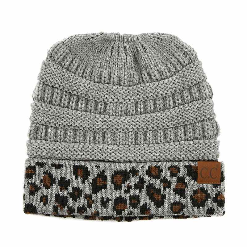 C.C Solid Color Beanie Tail Hat with Leopard Pattern Cuff