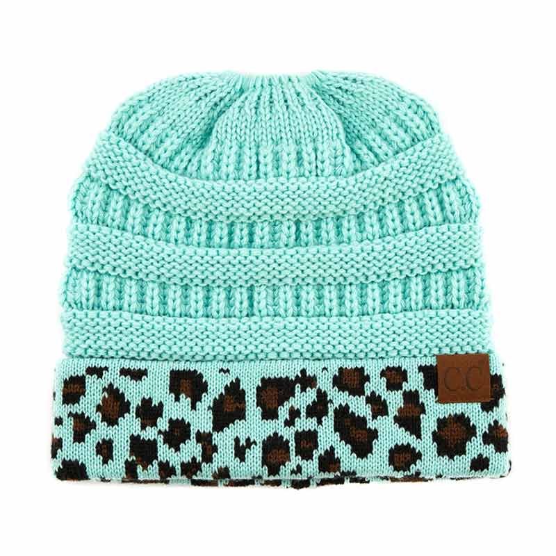 C.C Solid Color Beanie Tail Hat with Leopard Pattern Cuff