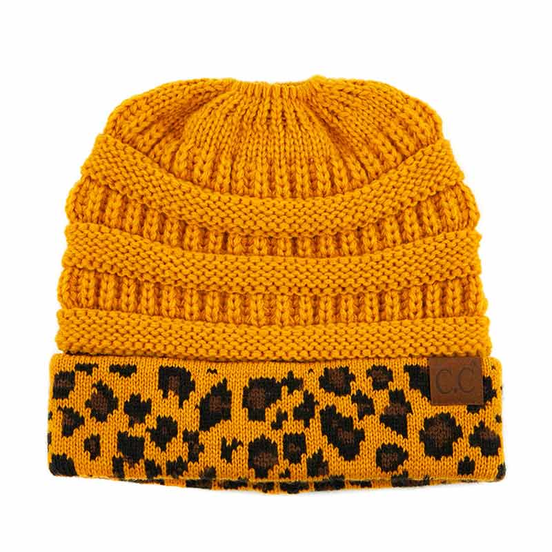 C.C Solid Color Beanie Tail Hat with Leopard Pattern Cuff