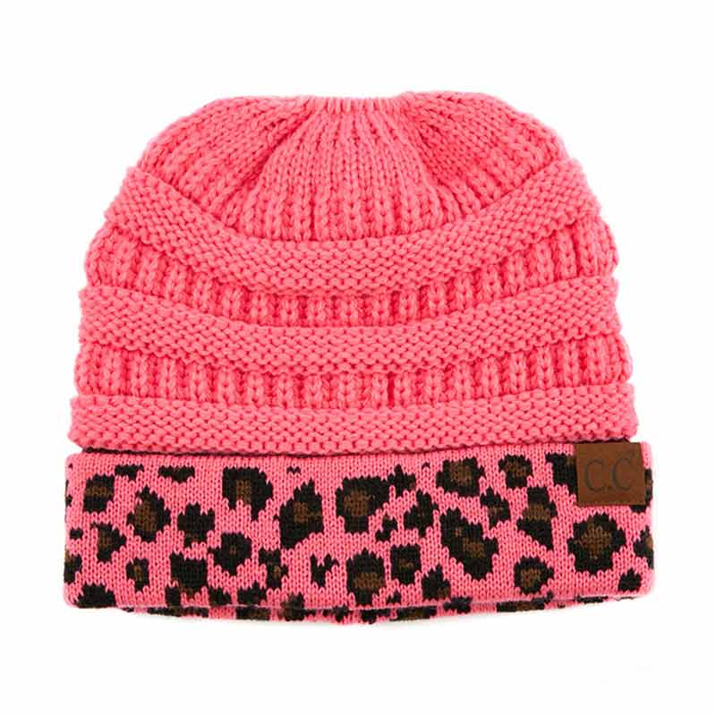 C.C Solid Color Beanie Tail Hat with Leopard Pattern Cuff