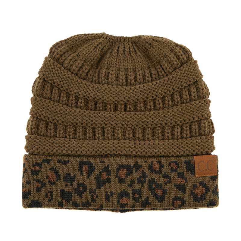 C.C Solid Color Beanie Tail Hat with Leopard Pattern Cuff